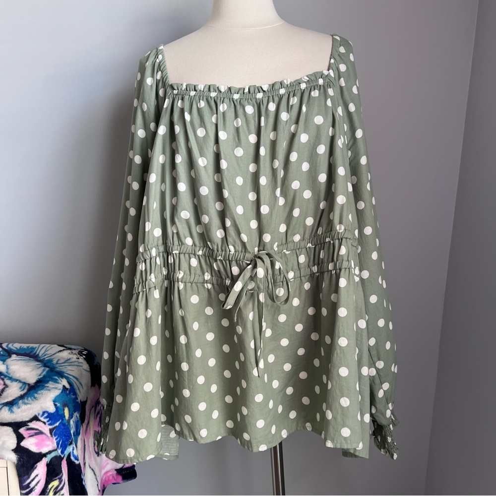AVA & VIV 4X Green with Polka Dots Blouse Top On or Off Shoulder